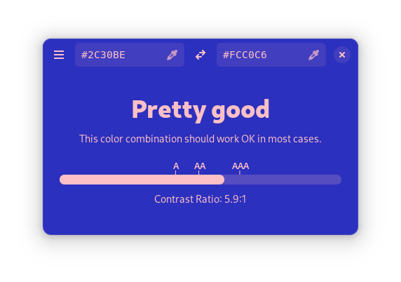 Contrast checker app window comparing light pink to dark purple.