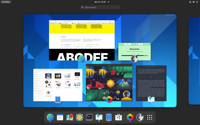 Screenshot of the overview in GNOME 40.
